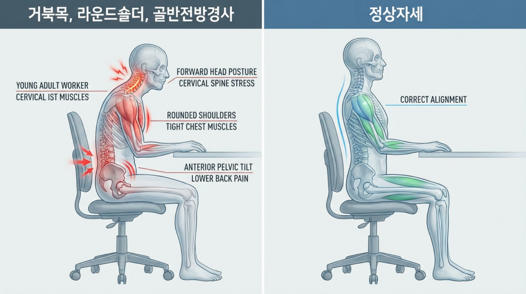 거북목, 라운드숄더 사진